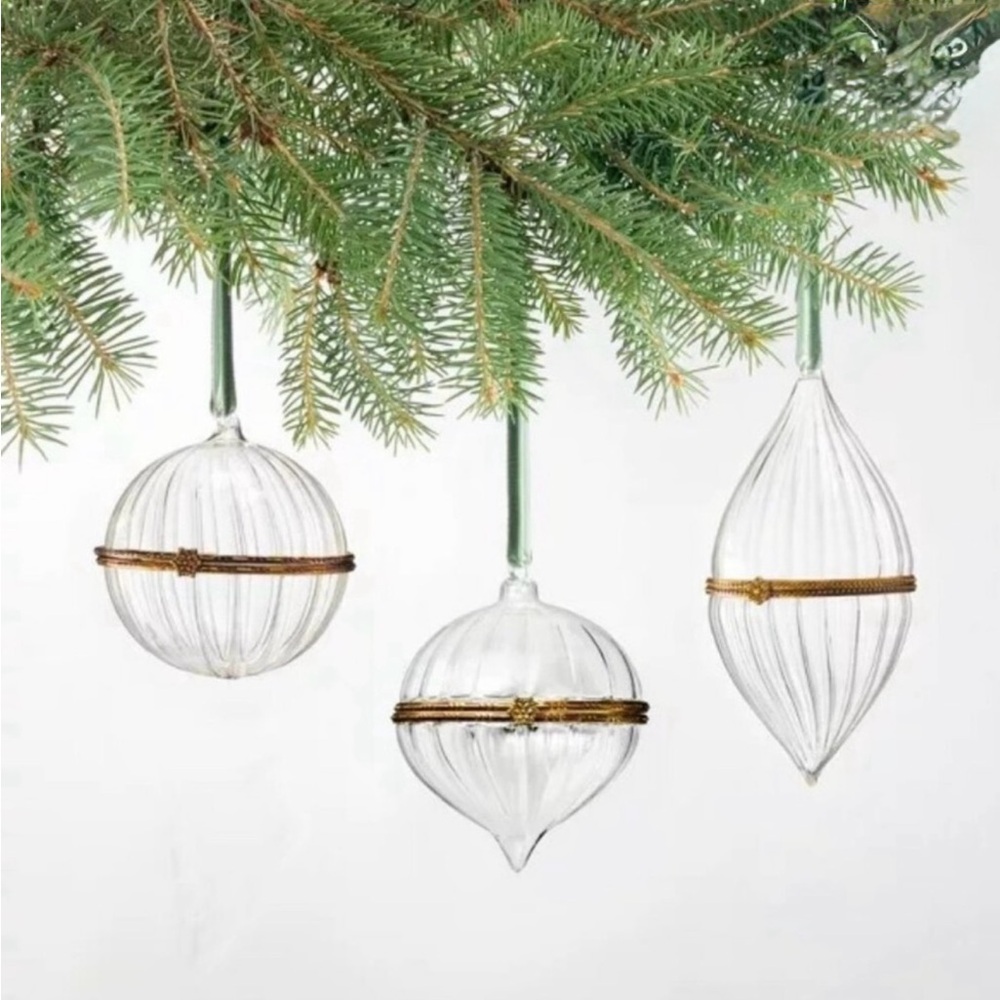 3pc Hinge Glass Ornament Set Hearth & Hand Magnolia Christmas Holiday.